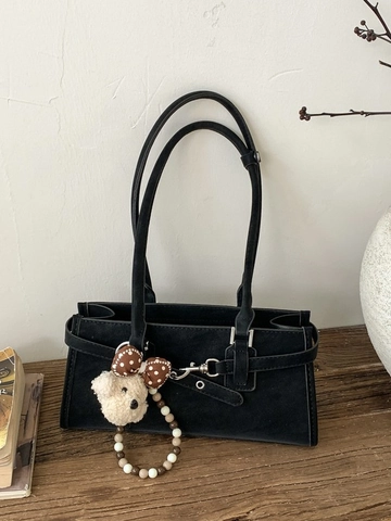 Damen Retro PU Leder Unterarmtasche Minimalistisch Mattierte Schultertasche Große Kapazität Pendler Handtasche Mit Bärenanhänger