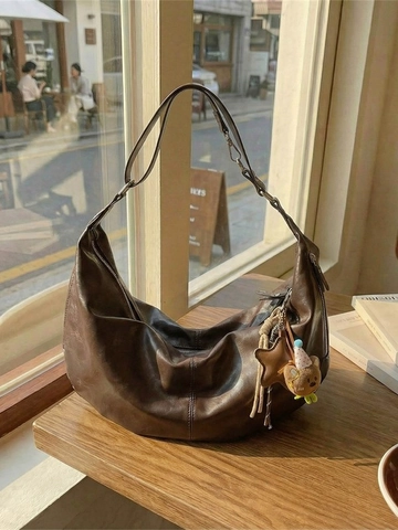Women's Vintage Large Capacity PU Leather Hobo Bag Crescent Shoulder Bag For Commuting Daily With Bear Keychain