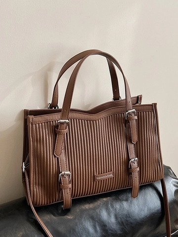 Borsa Tote da Donna in Pelle PU Pieghettata alla Moda Grande Capacità Strisce Verticali Borsa a Tracolla con Fibbia in Metallo