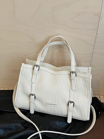 Borsa Tote da Donna in Pelle PU Pieghettata alla Moda Grande Capacità Strisce Verticali Borsa a Tracolla con Fibbia in Metallo