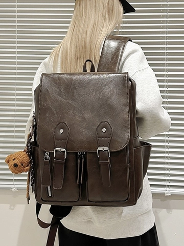 Sac à Dos en Cuir PU Vintage pour Femmes Grande Capacité Rétro Style Collège Sac de Voyage Imperméable Daypack Scolaire Avec Pendentif Ours