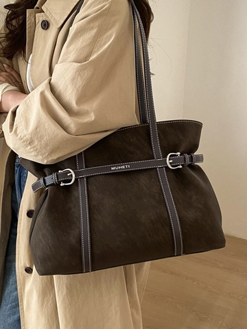 Large Capacity PU Leather Tote Bag Set For Women With Contrast Stitching Retro Minimalist Shoulder Bag And Mini Purse