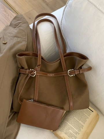 Large Capacity PU Leather Tote Bag Set For Women With Contrast Stitching Retro Minimalist Shoulder Bag And Mini Purse