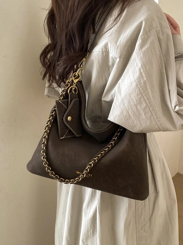 Large Capacity PU Leather Tote Bag For Women Vintage Chic Hobo Shoulder Bag With Chain Strap And Mini Pouch Commuting Bag