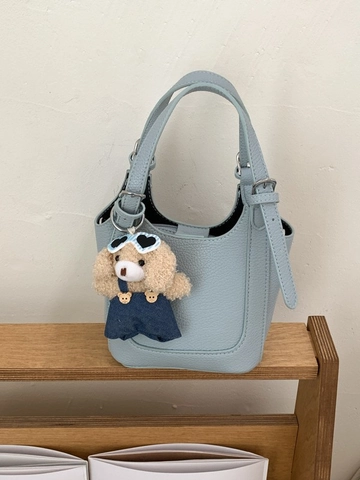 Sac Seau en Cuir PU de Style Coréen pour Femmes Motif Litchi Rétro Sac à Bandoulière avec Pendentif Ours