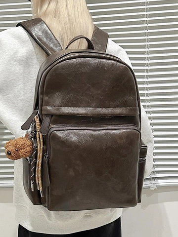 Zaino da Donna in Pelle PU Vintage Borsa da Scuola di Grande Capacità Retro Casual Viaggio Daypack Con Ciondolo Orsetto di Peluche