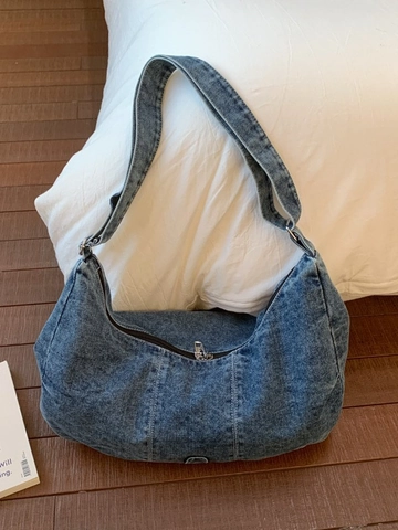 Vintage Denim Hobo Bag For Women Large Capacity Washed Denim Underarm Bag With Contrast Stitching Adjustable Strap Commuter