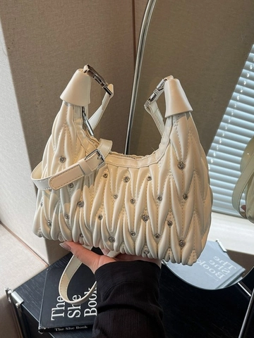 Borsa a Tracolla Hobo da Donna in Pelle PU Plissettata con Strass Squisita Borsa a Mano Piccola con Cerniera Borsa a Spalla Accessorio Quotidiano Festa