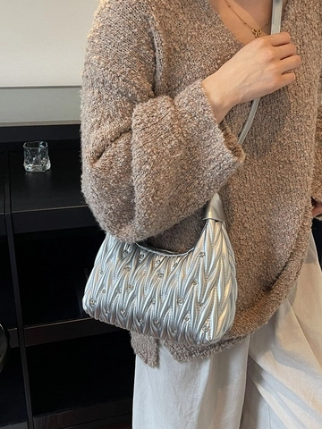 Borsa a Tracolla Hobo da Donna in Pelle PU Plissettata con Strass Squisita Borsa a Mano Piccola con Cerniera Borsa a Spalla Accessorio Quotidiano Festa