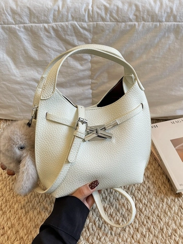 Sac Seau Vintage en Cuir PU pour Femme Mode Texture Litchi Sac à Main Avec Pendentif Lapin Sac Bandoulière Navette