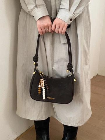 Vintage Matte PU Leder Schultertasche Für Damen Retro Hobo Achseltasche Mit Holzperlenanhänger Lässige Umhängetasche Handtasche