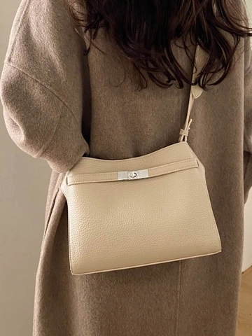Sac Bandoulière Vintage en Cuir PU Motif Litchi pour Femmes Sac Seau Grande Capacité Avec Fermoir à Tourniquet en Métal Rétro