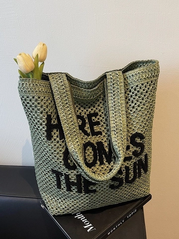 Große Strohgewebte Tote-Tasche Für Damen Sommer Strand Urlaub Schultertasche Mit Buchstabenstickerei Here Comes The Sun