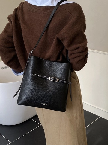 Minimalistische PU Leren Emmer Tas Voor Vrouwen Mode Lychee Patroon Schoudertas Crossbody Tas Stiksel Dagelijks Woonwerk