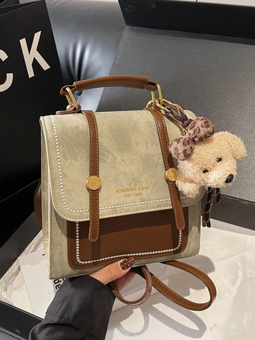 Vintage Women Preppy PU Leather Backpack Contrast Color Patchwork Handbag For School Office Daily Casual Multi-way Bag