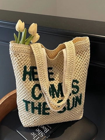 Große Strohgewebte Tote-Tasche Für Damen Sommer Strand Urlaub Schultertasche Mit Buchstabenstickerei Here Comes The Sun