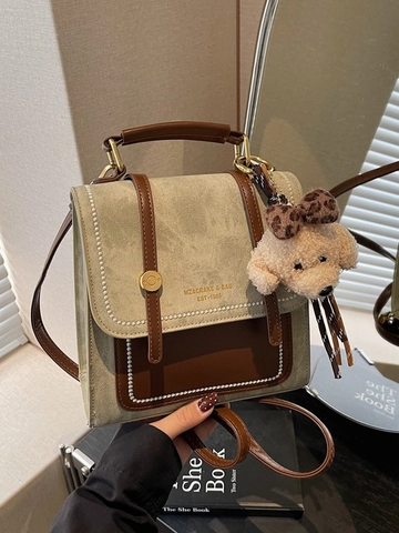 Vintage Women Preppy PU Leather Backpack Contrast Color Patchwork Handbag For School Office Daily Casual Multi-way Bag
