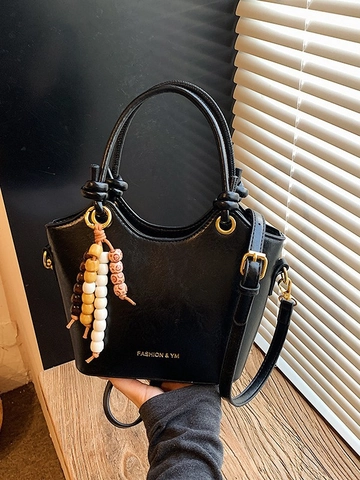 Mode Damen PU Leder Beuteltasche Minimalistisch Umhängetasche Mit Holzperlen Anhänger Täglich Pendeln Handtasche