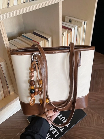 Retro Grote Capaciteit Dames Draagtas Kunstleer Kleurblok Schoudertas Met Houten Kralen Bedel Werk Dagelijks Handtas