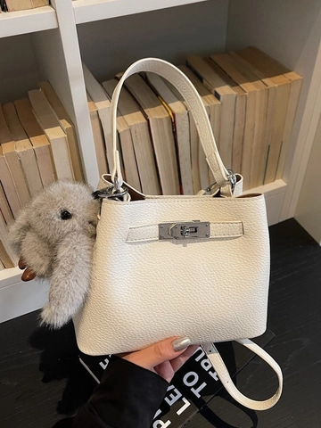 Minimalist PU Leather Bucket Bag For Women Vintage Litchi Pattern Handbag With Plush Rabbit Pendant Crossbody Shoulder Bag
