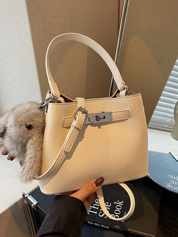 Minimalist PU Leather Bucket Bag For Women Vintage Litchi Pattern Handbag With Plush Rabbit Pendant Crossbody Shoulder Bag