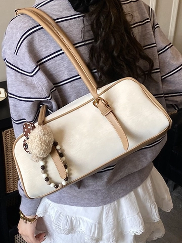 Borsa Sottoascellare Vintage da Donna in PU Effetto Scamosciato Borsa a Tracolla Boston Con Ciondolo a Orsetto Regolabile
