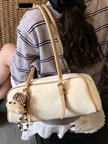 Borsa Sottoascellare Vintage da Donna in PU Effetto Scamosciato Borsa a Tracolla Boston Con Ciondolo a Orsetto Regolabile