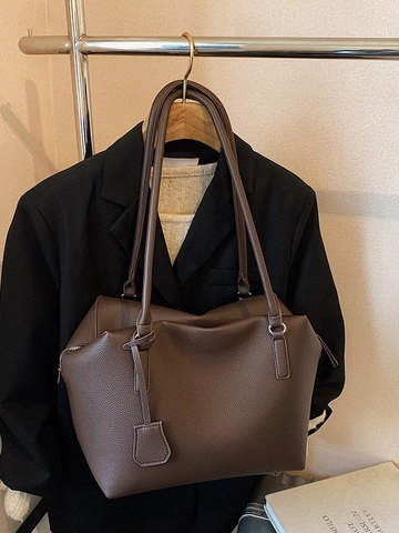 Women Large Capacity Tote Bag PU Leather Pebble Grain Minimalist Shoulder Handbag Commuting Underarm Bag Solid Color