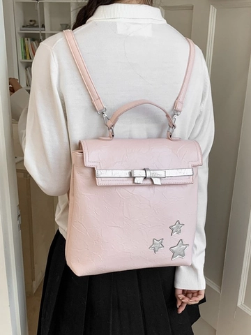 Damen Mode PU Leder Rucksack Falten Textur Schleife Stern Dekoration Lässiger Reiserucksack Mit Verstellbaren Schultergurten