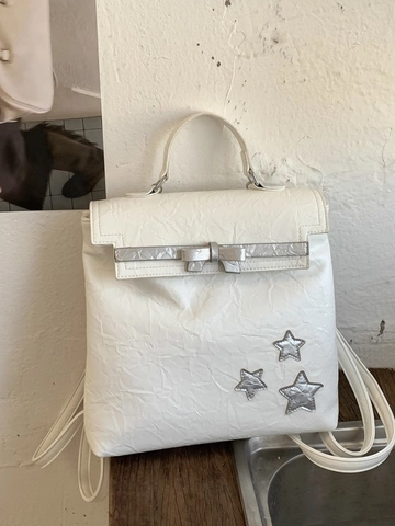 Damen Mode PU Leder Rucksack Falten Textur Schleife Stern Dekoration Lässiger Reiserucksack Mit Verstellbaren Schultergurten
