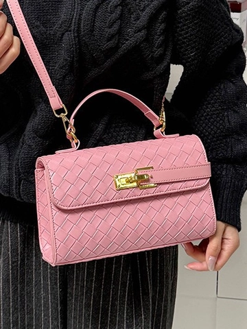 Elegant Woven PU Leather Handbag Women Retro Minimalist Flap Crossbody Bag With Gold Metal Lock Square Shoulder Bag