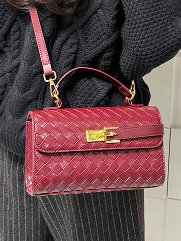 Elegant Woven PU Leather Handbag Women Retro Minimalist Flap Crossbody Bag With Gold Metal Lock Square Shoulder Bag