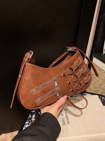 Damen Retro Punk PU Leder Schultertasche Y2K Motorrad Achseltasche Mit Multi-Reißverschluss Und Metallschnalle Stilvolle Tasche