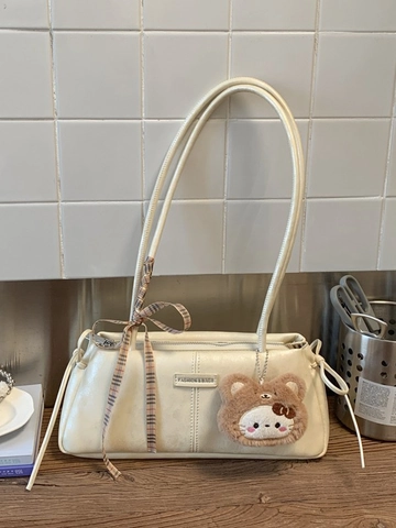 Borsa Sotto l'Ascella in Pelle PU Retrò Donna Borsa a Tracolla Minimalista Tinta Unita Con Nastro a Quadri e Pendente Peluche