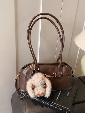 Borsa a Tracolla Sottobraccio in Pelle PU Retrò con Morsetto per Donna Moda Squisita Cuciture a Contrasto con Ciondolo a Coniglio in Peluche