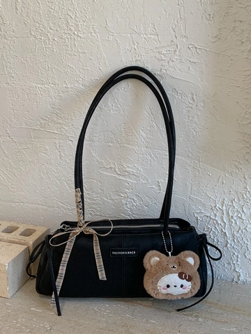 Borsa Sotto l'Ascella in Pelle PU Retrò Donna Borsa a Tracolla Minimalista Tinta Unita Con Nastro a Quadri e Pendente Peluche
