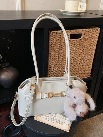 Borsa a Tracolla Sottobraccio in Pelle PU Retrò con Morsetto per Donna Moda Squisita Cuciture a Contrasto con Ciondolo a Coniglio in Peluche