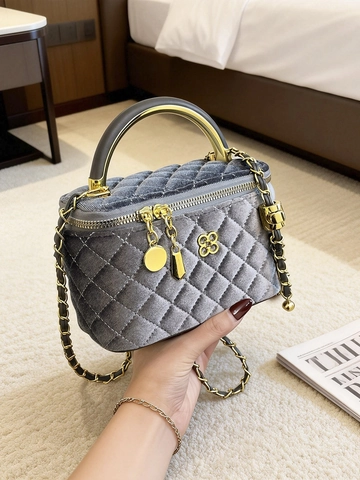 Women Vintage Quilted Velvet Square Bag Elegant Fashion Chain Crossbody Bag With Metal Handle Classic Vanity Box Handbag For Daily Use