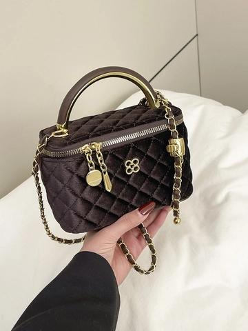 Women Vintage Quilted Velvet Square Bag Elegant Fashion Chain Crossbody Bag With Metal Handle Classic Vanity Box Handbag For Daily Use