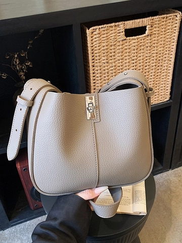 Retro Litchi Textuur PU Lederen Emmertas Voor Dames Mode Pendelaar Schoudertas Met Draaisluiting Elegante Crossbody Tas