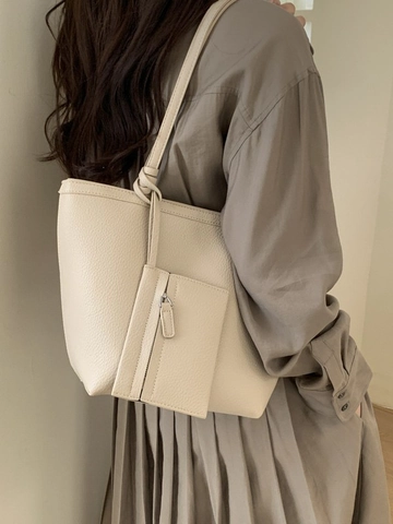 Large Capacity PU Leather Tote Bag With Small Pouch For Women Pebble Texture Slouchy Shoulder Bag Casual Commuter Handbag