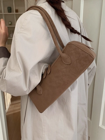 Vintage PU Leather Underarm Bag For Women Fashion Lychee Texture Baguette Shoulder Bag With Zipper Closure Minimalist Solid Color Handbag