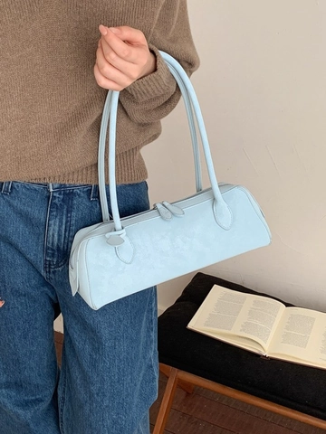 Vintage PU Leather Underarm Bag For Women Fashion Lychee Texture Baguette Shoulder Bag With Zipper Closure Minimalist Solid Color Handbag