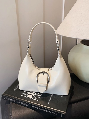 Borsa Sottoascellare Hobo a Mezzaluna in Pelle PU Lucida Retro per Donna Borsa a Tracolla Urbana Semplice con Grande Fibbia in Metallo Argento