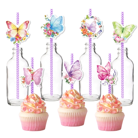 Decorazioni per Cannucce in Carta con Farfalle e Fiori ad Acquerello per Compleanno Matrimonio Decorazione Festa
