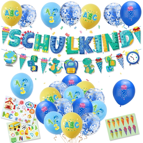 Deutsches Schulanfang Party Deko Set Schulkind Dinosaurier Buchstaben Banner Latex Luftballons Aufkleber Einschulung Feier