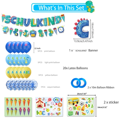 Deutsches Schulanfang Party Deko Set Schulkind Dinosaurier Buchstaben Banner Latex Luftballons Aufkleber Einschulung Feier