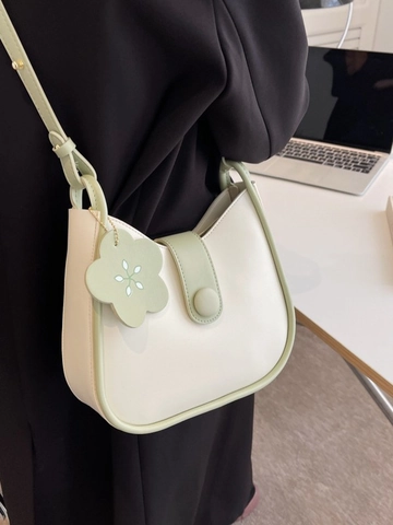 Bolso Bombonera de Cuero PU para Mujer Minimalista Bloque de Color Bolso de Hombro Con Colgante de Flor Para el Diario