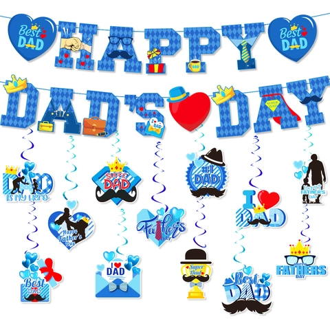 Fathers Day Party Decoration Set Blue Happy Dad Day Banner Hanging Swirls Mustache Tie Crown Trophy Paper Cardboard Garland
