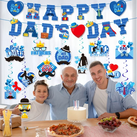 Fathers Day Party Decoration Set Blue Happy Dad Day Banner Hanging Swirls Mustache Tie Crown Trophy Paper Cardboard Garland